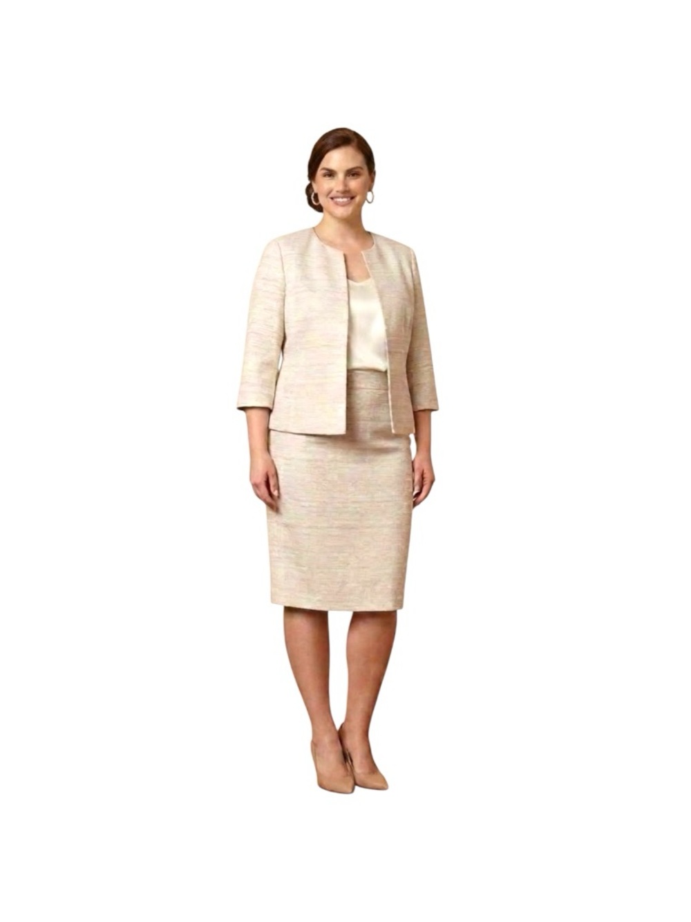Kasper Beige Silk Two Piece Pencil Skirt Blaser 14p Classic Minimalist Outfit